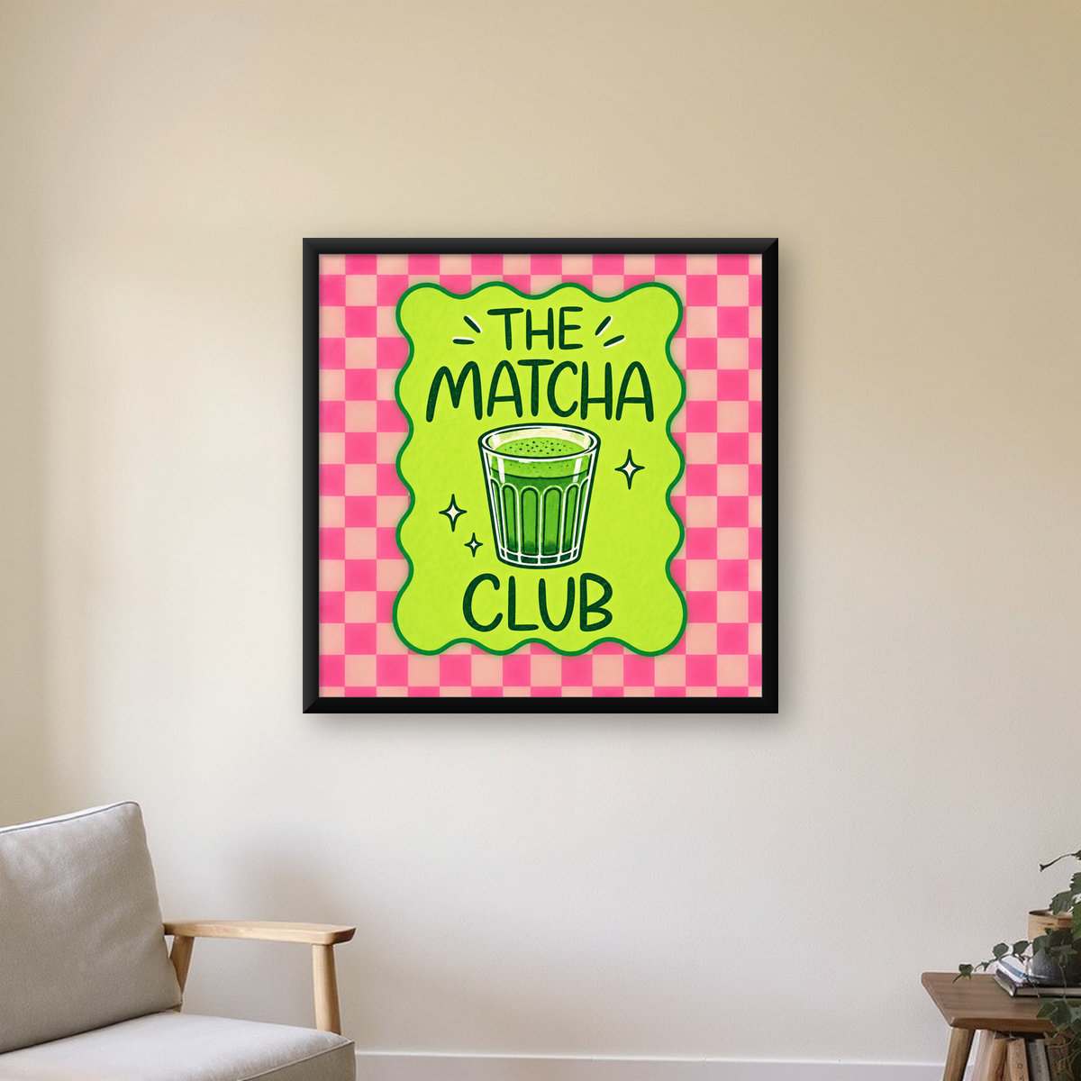 The Matcha Club – Renkli Matcha İçeceği Poster Tasarımı — Kare baskı, çerçeveli hâliyle bir ev duvarında