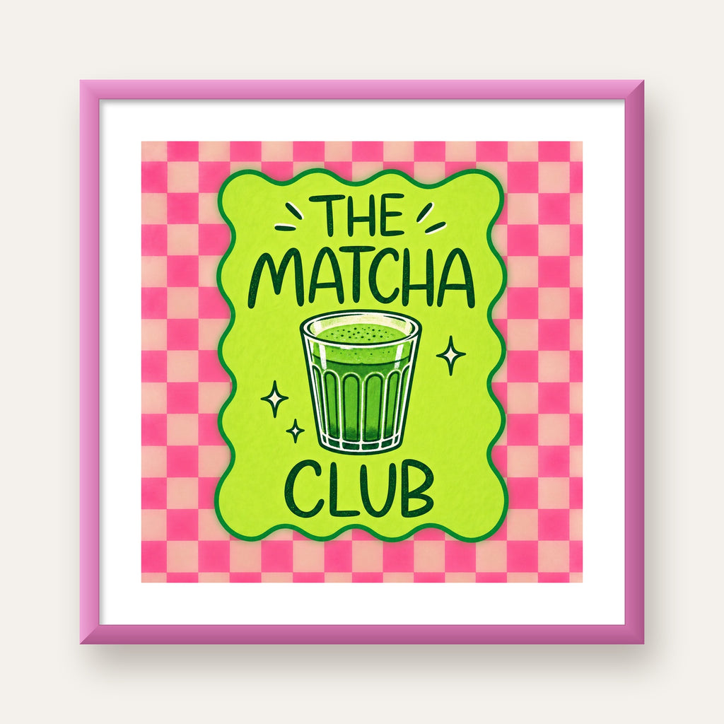 The Matcha Club – Renkli Matcha İçeceği Poster Tasarımı — pembe çerçeveli paspartulu