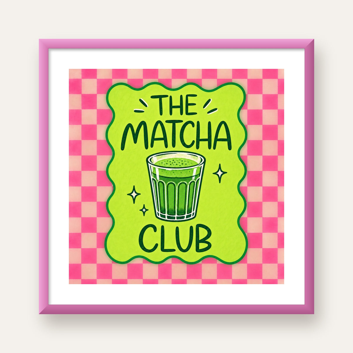 The Matcha Club – Renkli Matcha İçeceği Poster Tasarımı — pembe çerçeveli paspartulu