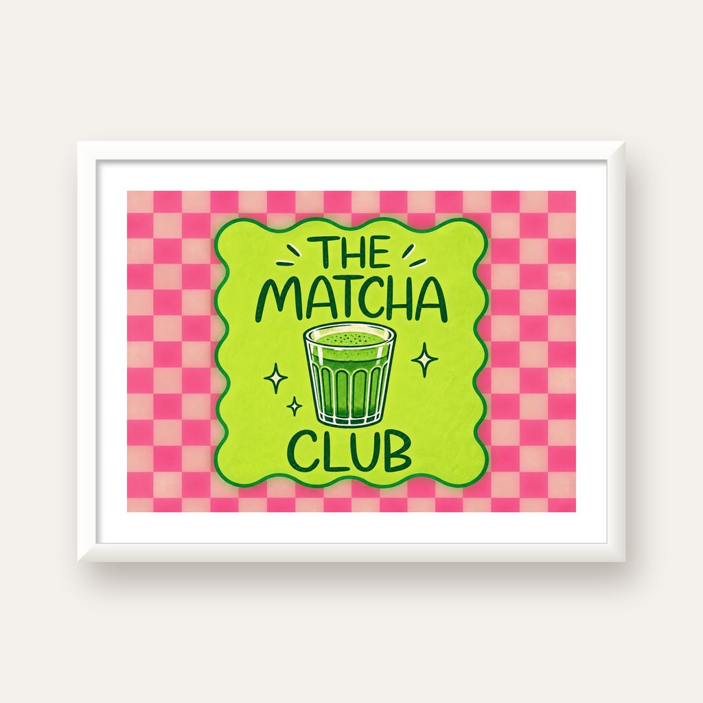 The Matcha Club – Renkli Matcha İçeceği Poster Tasarımı — beyaz çerçeveli yatay poster