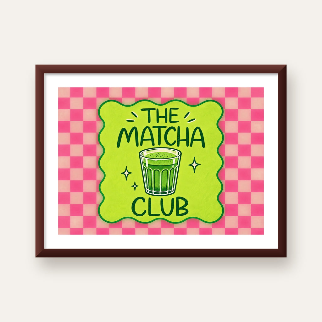 The Matcha Club – Renkli Matcha İçeceği Poster Tasarımı — ceviz çerçeveli paspartulu