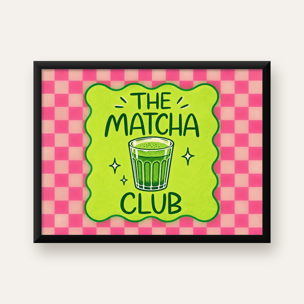 The Matcha Club – Renkli Matcha İçeceği Poster Tasarımı — Yatay baskı, düz siyah çerçeveli duvar posteri