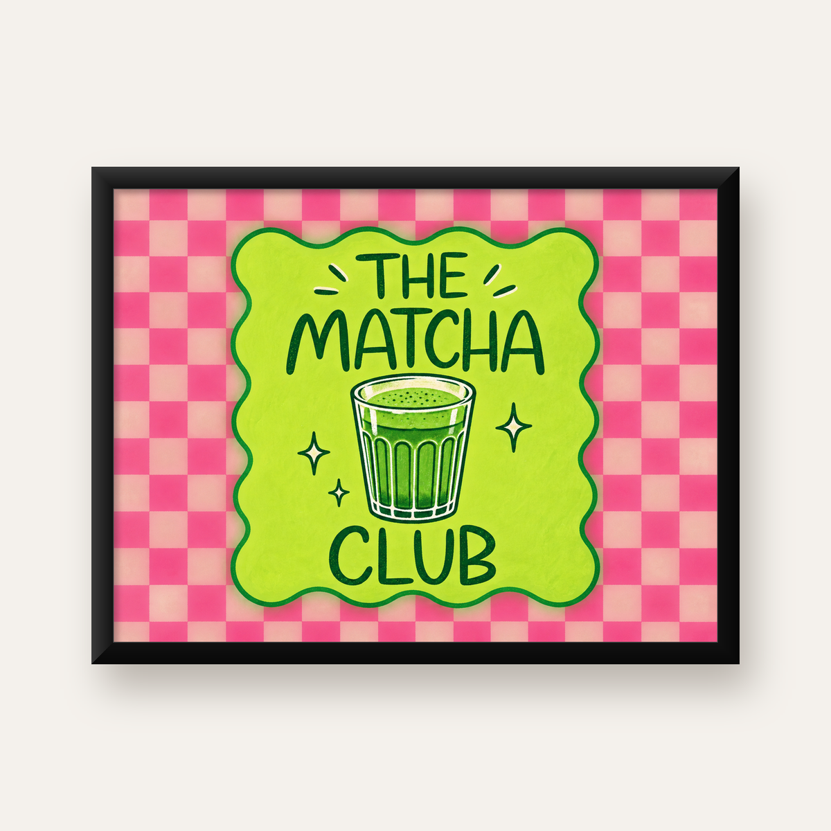 The Matcha Club – Renkli Matcha İçeceği Poster Tasarımı — Yatay baskı, düz siyah çerçeveli duvar posteri