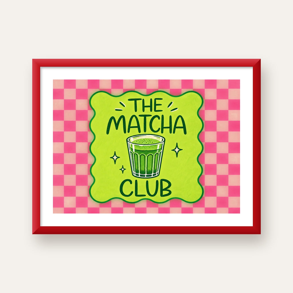The Matcha Club – Renkli Matcha İçeceği Poster Tasarımı — kırmızı çerçeveli paspartulu
