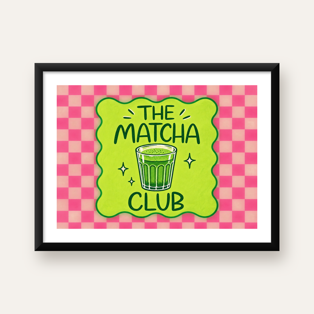 The Matcha Club – Renkli Matcha İçeceği Poster Tasarımı — Yatay baskı, beyaz paspartulu