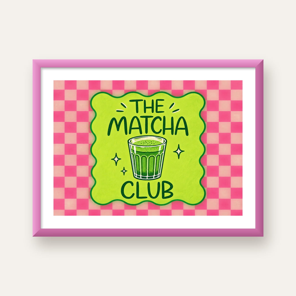 The Matcha Club – Renkli Matcha İçeceği Poster Tasarımı — pembe çerçeveli paspartulu