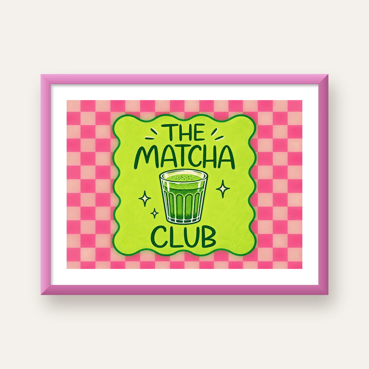 The Matcha Club – Renkli Matcha İçeceği Poster Tasarımı — pembe çerçeveli paspartulu