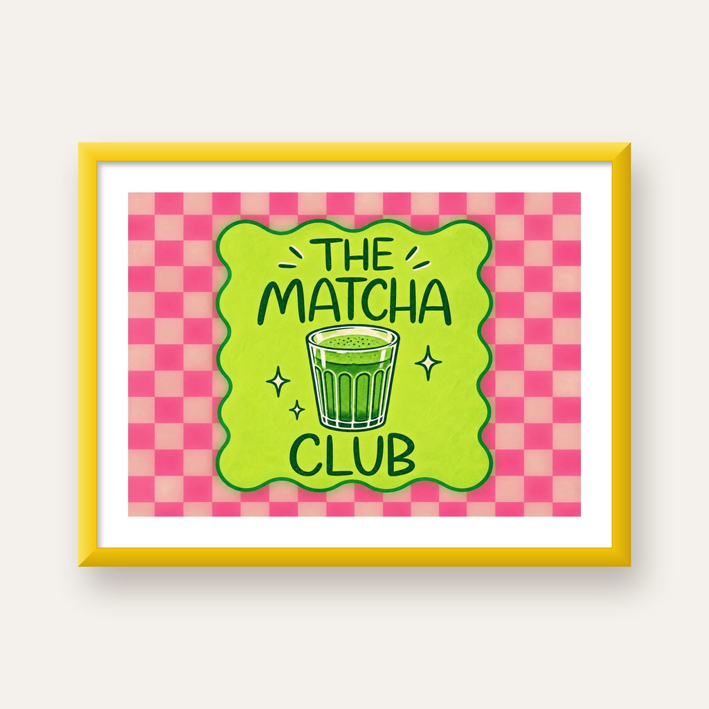 The Matcha Club – Renkli Matcha İçeceği Poster Tasarımı — sarı çerçeveli paspartulu
