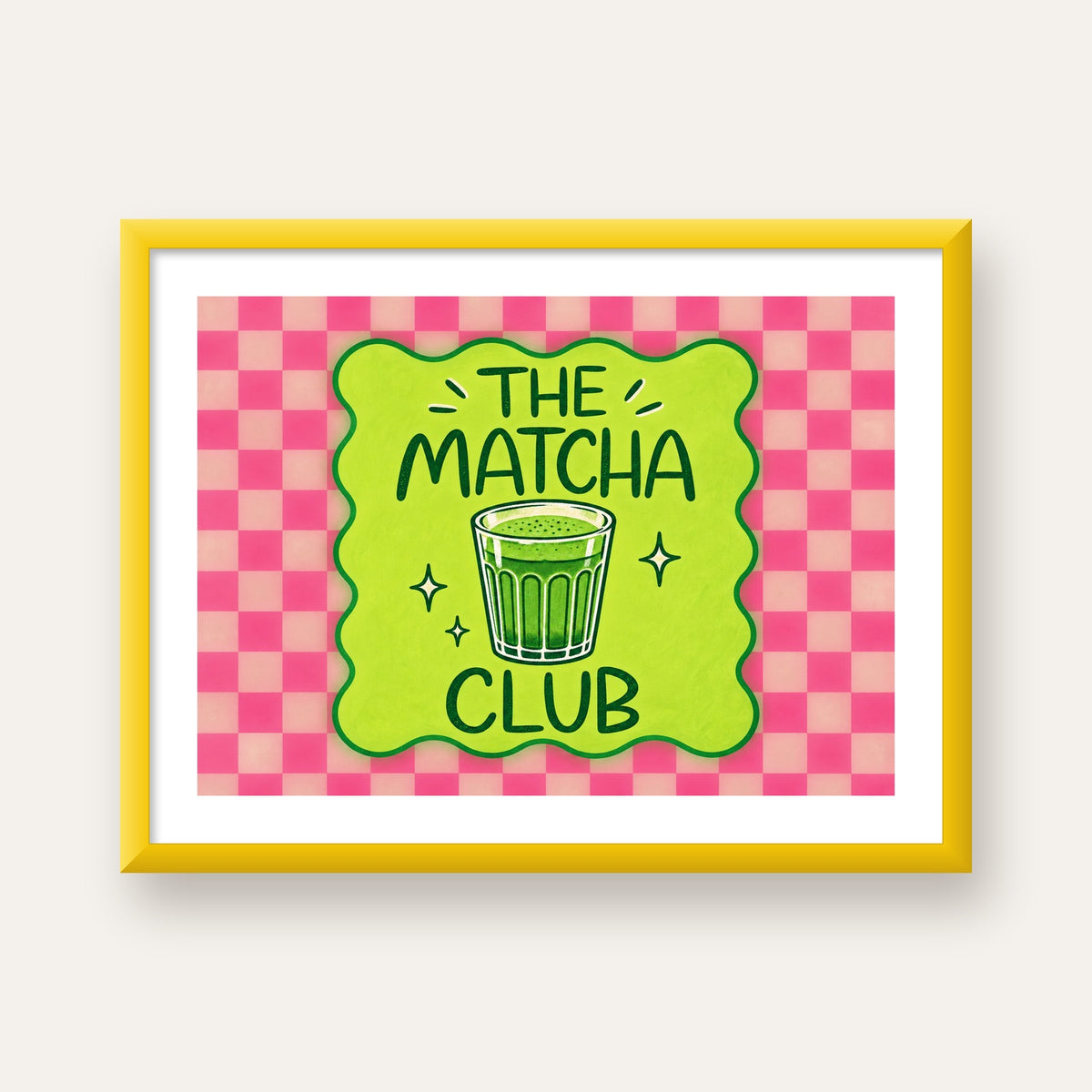The Matcha Club – Renkli Matcha İçeceği Poster Tasarımı — sarı çerçeveli paspartulu