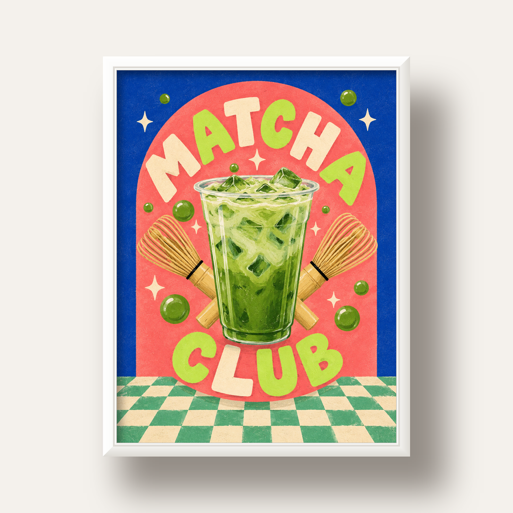 Retro Matcha Club Poster – Renkli İllüstrasyon Sanat Baskısı — beyaz derin çerçeveli