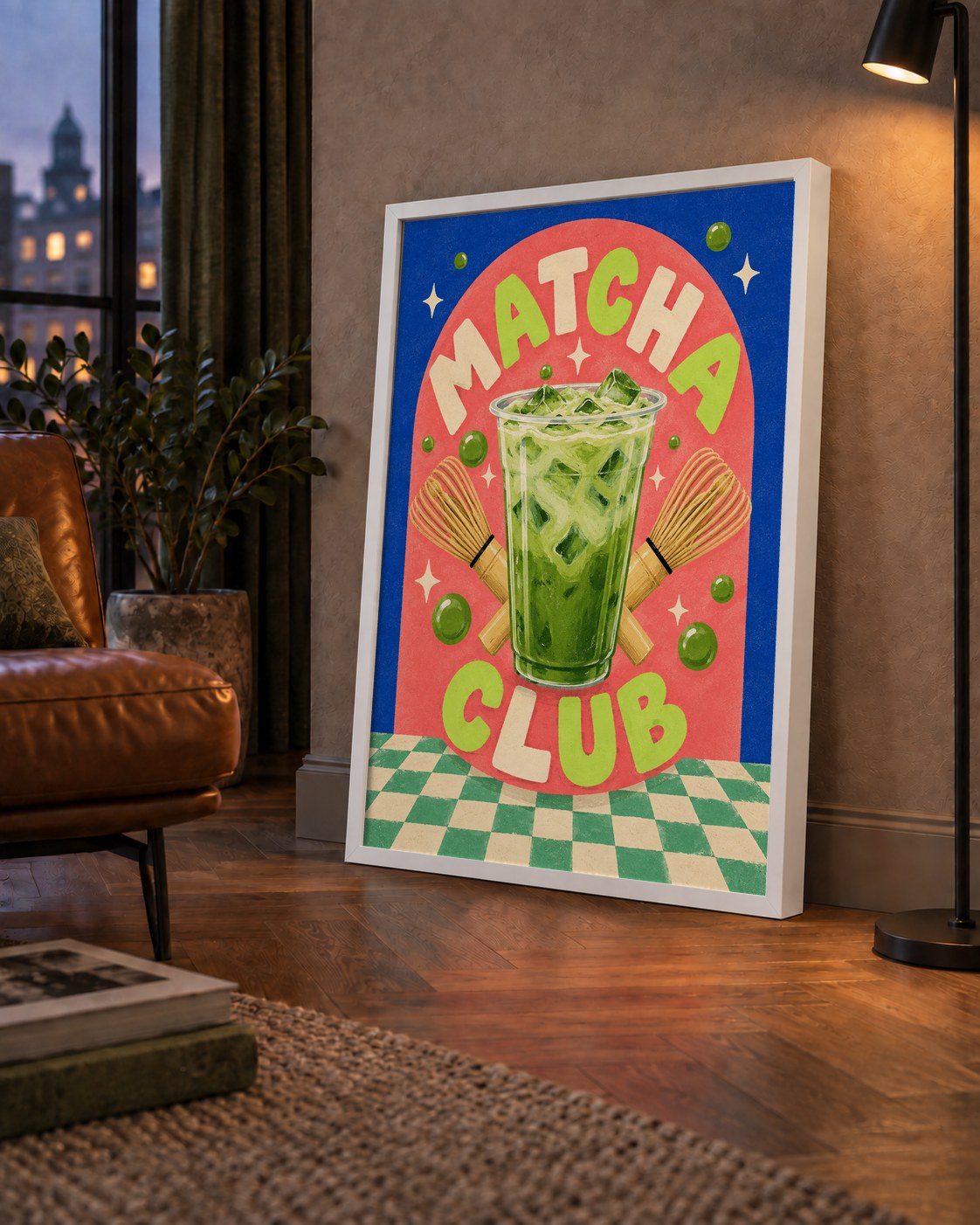 Retro Matcha Club Poster – Renkli İllüstrasyon Sanat Baskısı — çerçeveli hâliyle bir ev duvarında