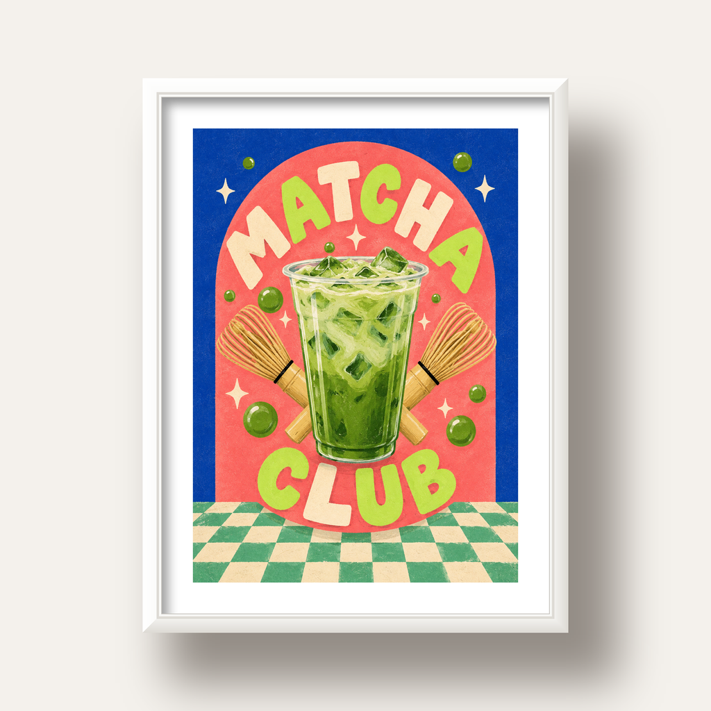 Retro Matcha Club Poster – Renkli İllüstrasyon Sanat Baskısı — beyaz derin çerçeveli paspartulu