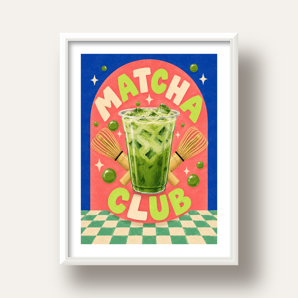 Retro Matcha Club Poster – Renkli İllüstrasyon Sanat Baskısı — beyaz derin çerçeveli paspartulu