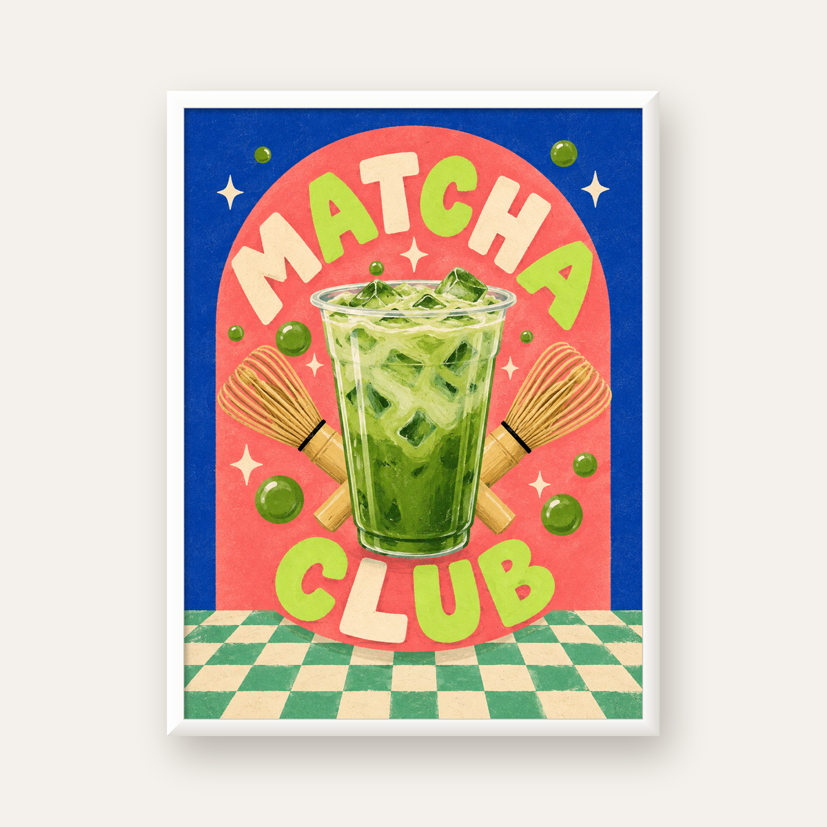 Retro Matcha Club Poster – Renkli İllüstrasyon Sanat Baskısı — beyaz çerçeveli dikey poster