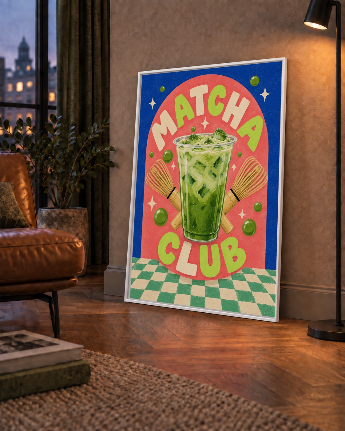 Retro Matcha Club Poster – Renkli İllüstrasyon Sanat Baskısı — çerçeveli hâliyle bir ev duvarında