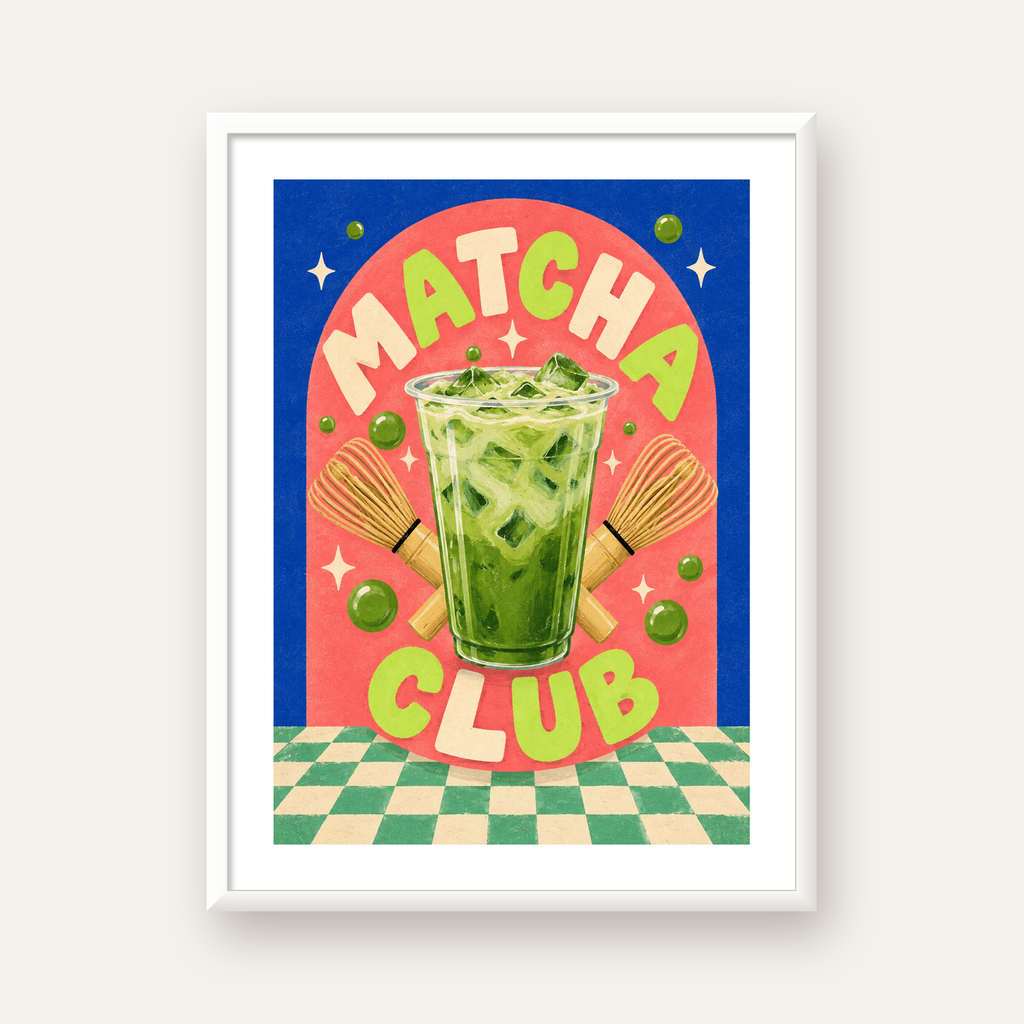 Retro Matcha Club Poster – Renkli İllüstrasyon Sanat Baskısı — beyaz çerçeveli dikey poster