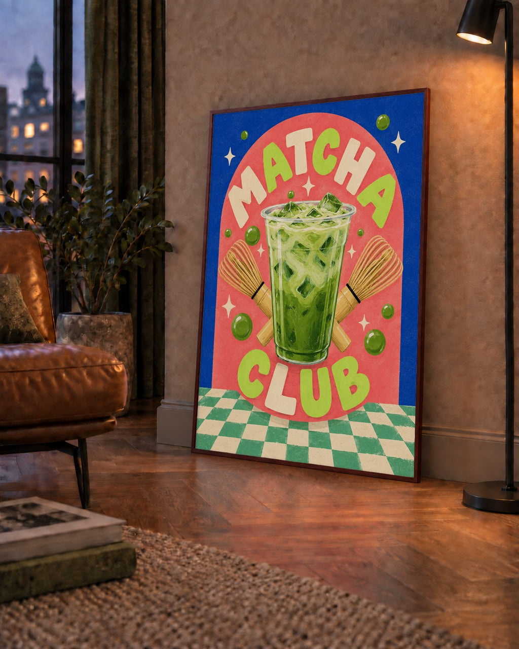 Retro Matcha Club Poster – Renkli İllüstrasyon Sanat Baskısı — çerçeveli hâliyle bir ev duvarında