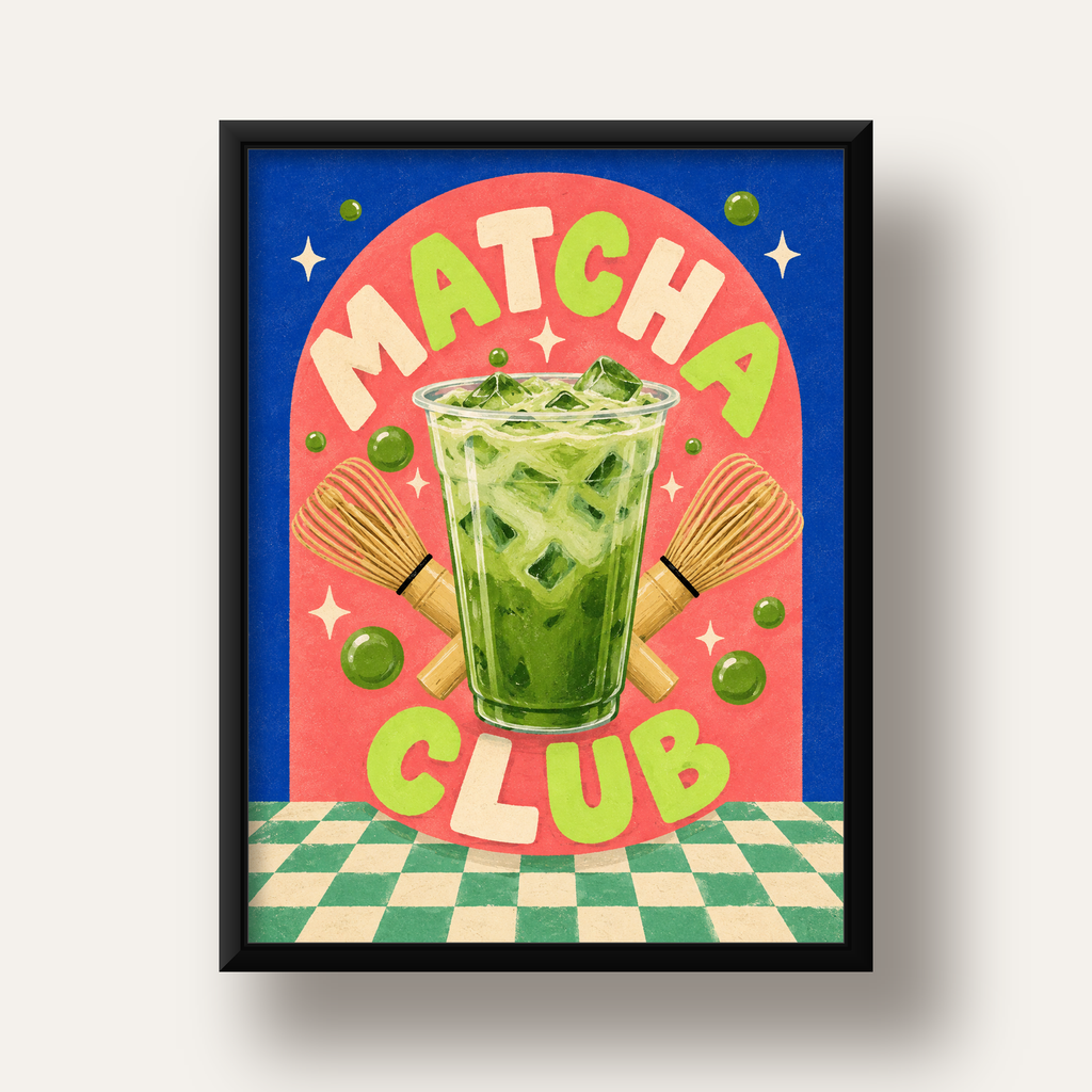 Retro Matcha Club Poster – Renkli İllüstrasyon Sanat Baskısı — siyah derin çerçeveli