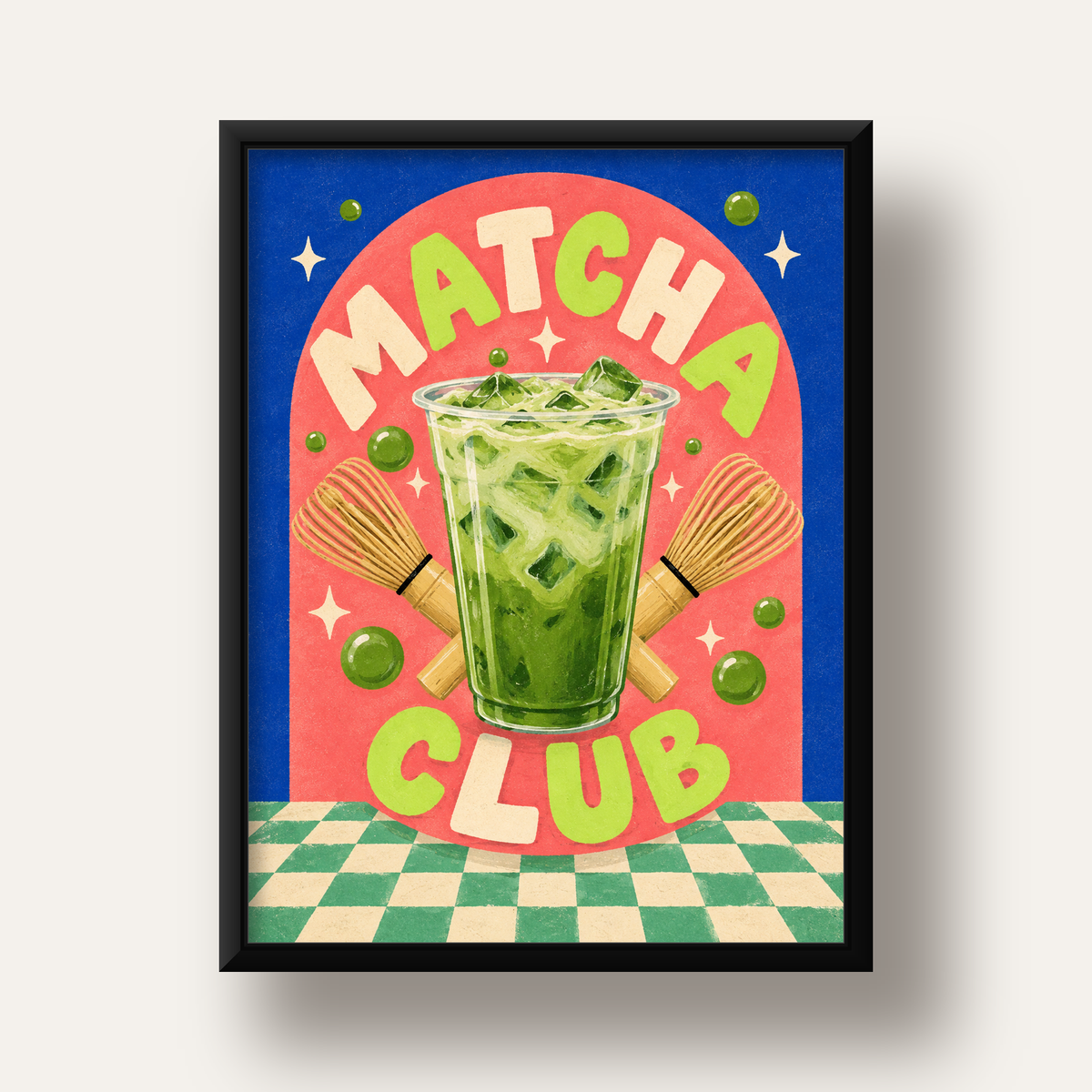 Retro Matcha Club Poster – Renkli İllüstrasyon Sanat Baskısı — siyah derin çerçeveli