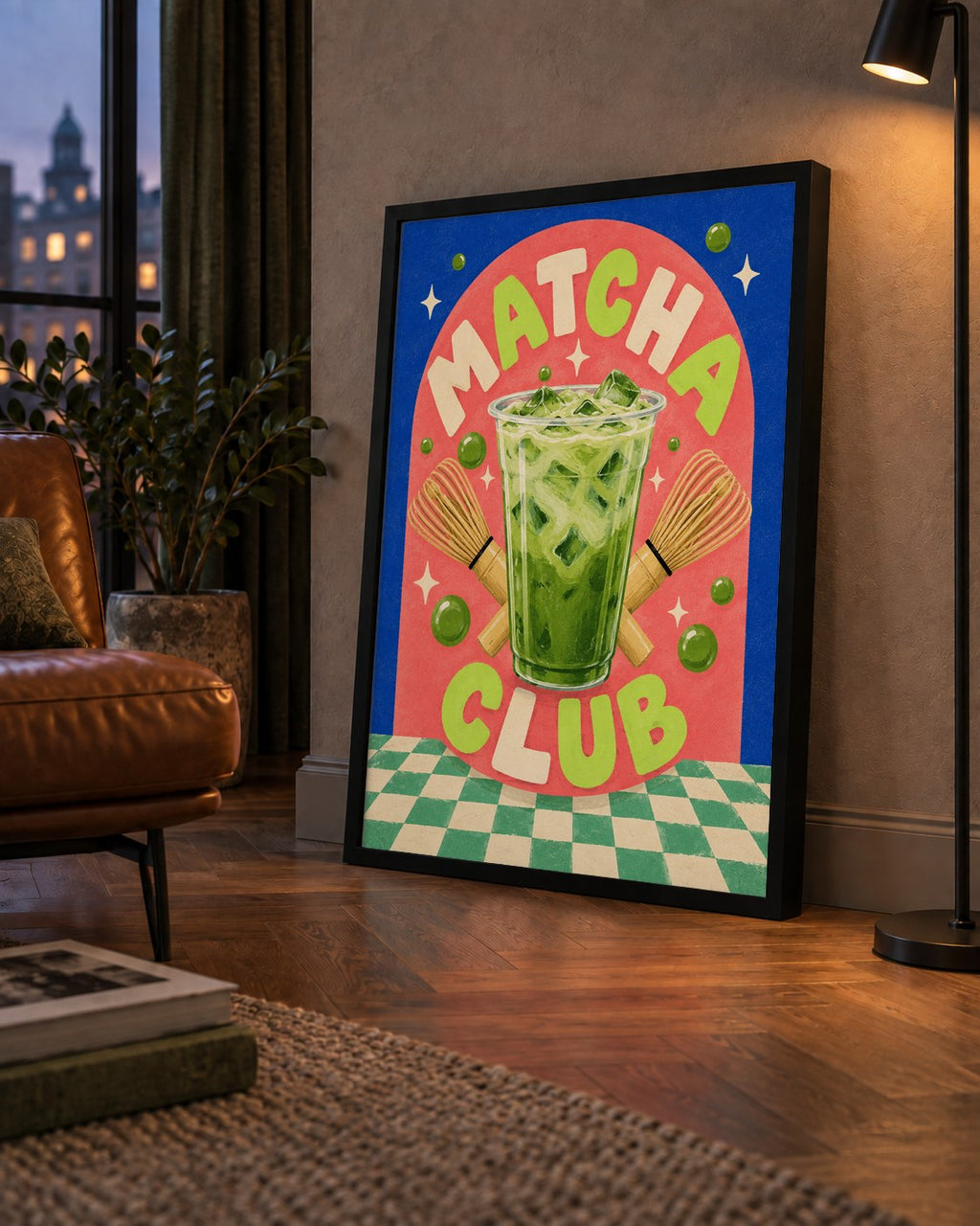 Retro Matcha Club Poster – Renkli İllüstrasyon Sanat Baskısı — çerçeveli hâliyle bir ev duvarında
