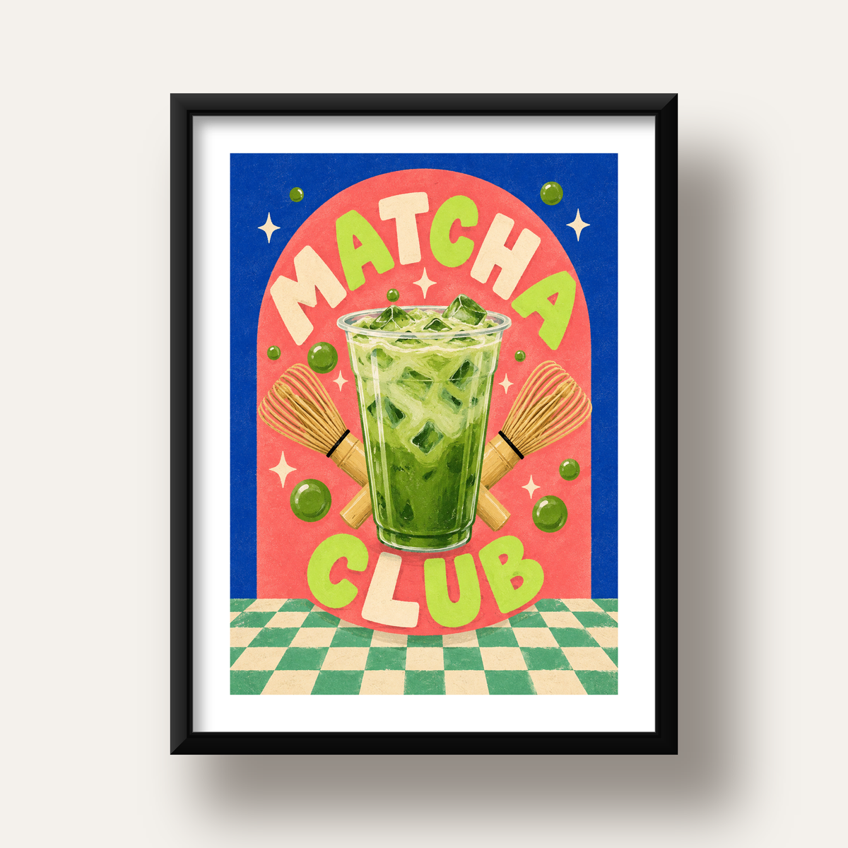 Retro Matcha Club Poster – Renkli İllüstrasyon Sanat Baskısı — siyah derin çerçeveli paspartulu