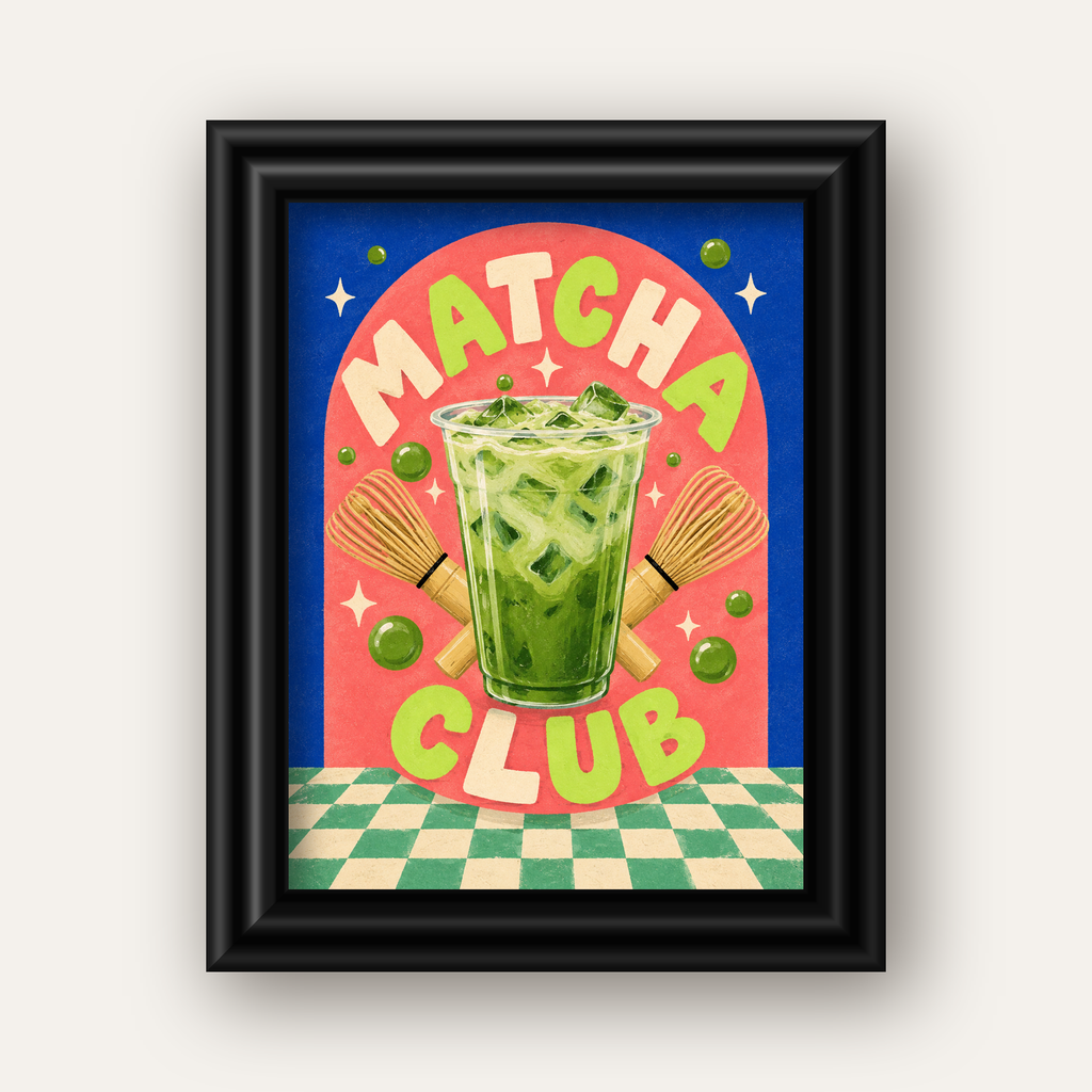 Retro Matcha Club Poster – Renkli İllüstrasyon Sanat Baskısı — siyah galeri çerçeveli
