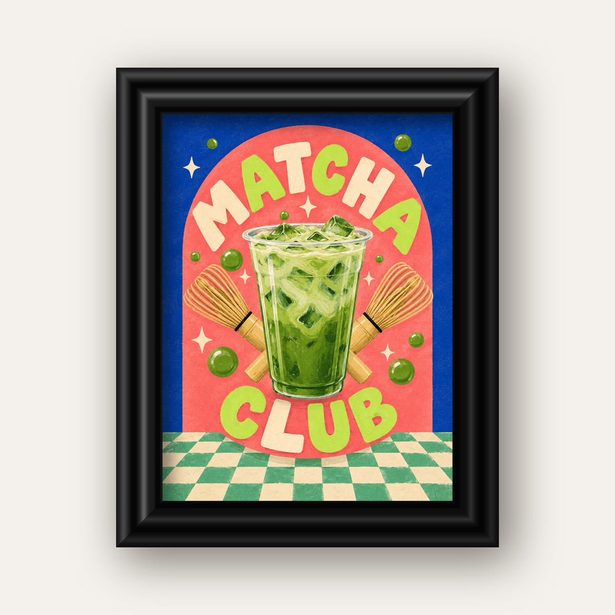 Retro Matcha Club Poster – Renkli İllüstrasyon Sanat Baskısı — siyah galeri çerçeveli