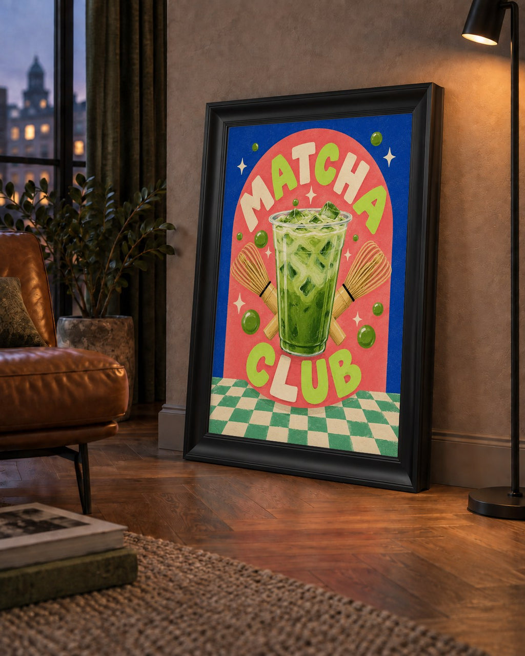 Retro Matcha Club Poster – Renkli İllüstrasyon Sanat Baskısı — çerçeveli hâliyle bir ev duvarında