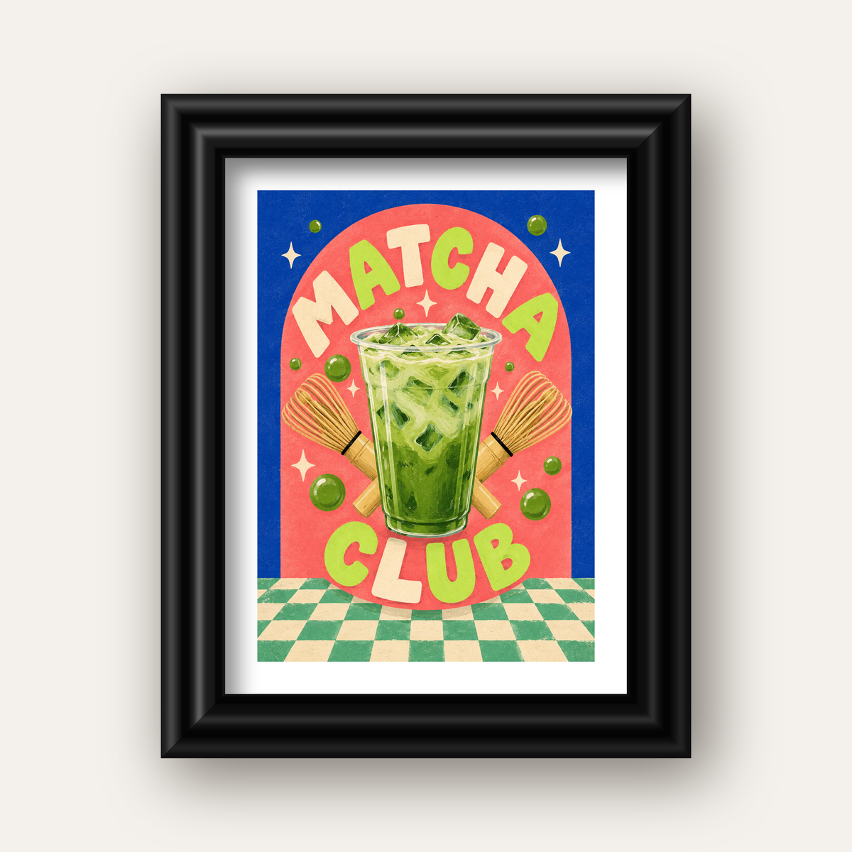 Retro Matcha Club Poster – Renkli İllüstrasyon Sanat Baskısı — siyah galeri çerçeveli paspartulu