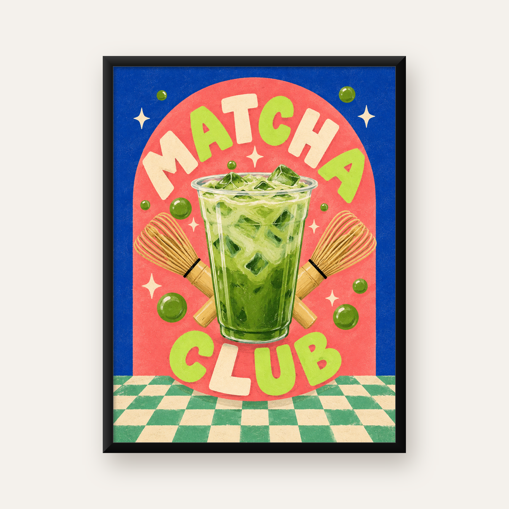 Retro Matcha Club Poster – Renkli İllüstrasyon Sanat Baskısı — Dikey baskı, düz siyah çerçeveli duvar posteri