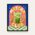 Retro Matcha Club Poster – Renkli İllüstrasyon Sanat Baskısı — Dikey baskı, düz siyah çerçeveli duvar posteri
