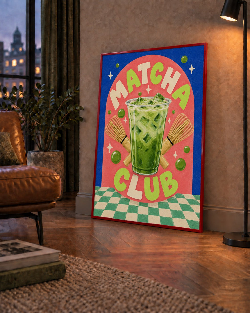 Retro Matcha Club Poster – Renkli İllüstrasyon Sanat Baskısı — çerçeveli hâliyle bir ev duvarında