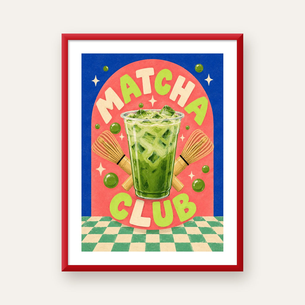 Retro Matcha Club Poster – Renkli İllüstrasyon Sanat Baskısı — kırmızı çerçeveli paspartulu