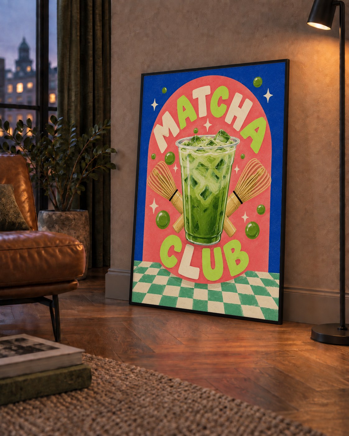 Retro Matcha Club Poster – Renkli İllüstrasyon Sanat Baskısı — çerçeveli hâliyle bir ev duvarında