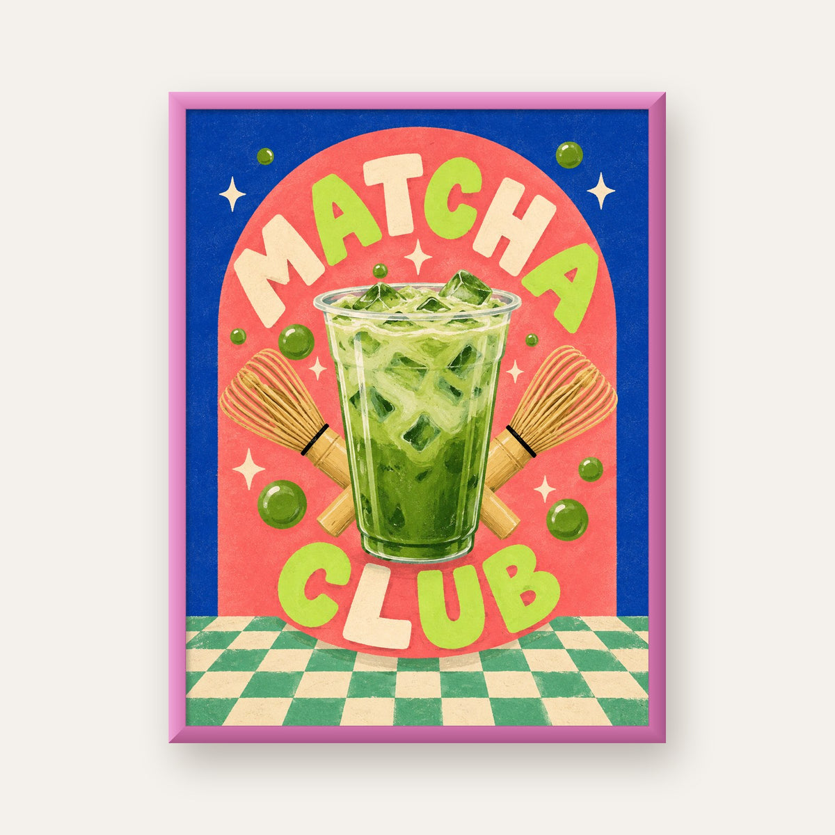 Retro Matcha Club Poster – Renkli İllüstrasyon Sanat Baskısı — pembe çerçeveli