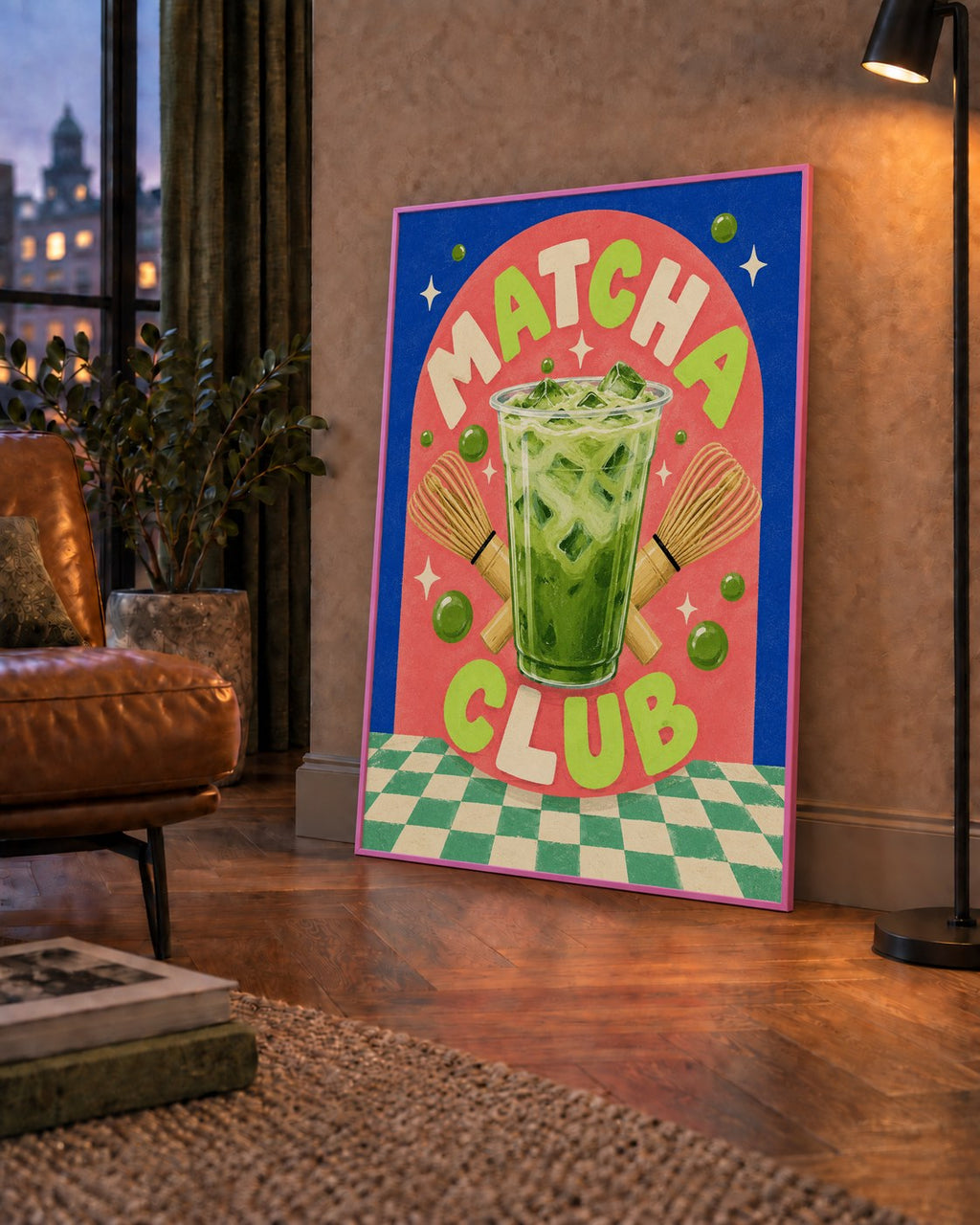 Retro Matcha Club Poster – Renkli İllüstrasyon Sanat Baskısı — çerçeveli hâliyle bir ev duvarında