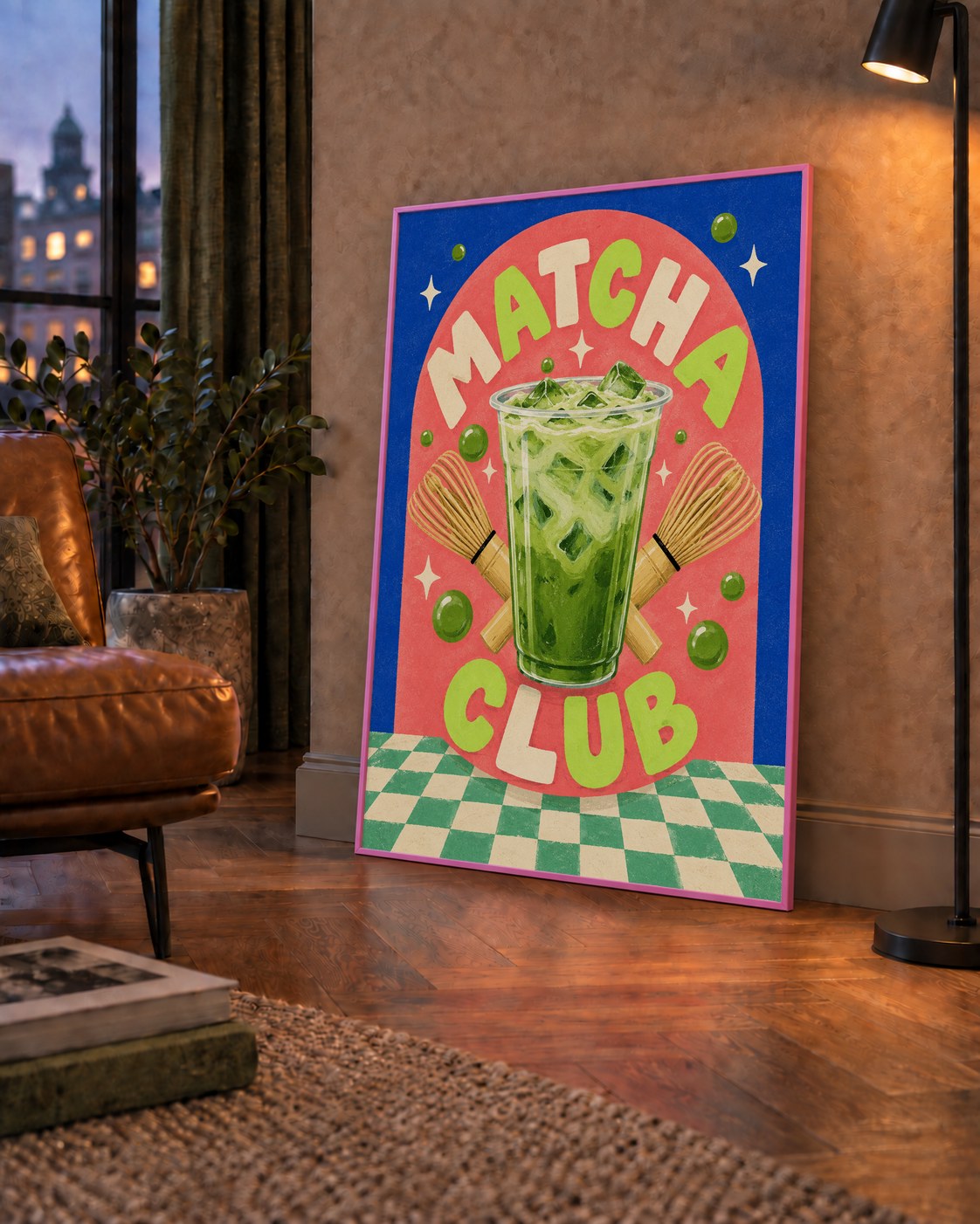 Retro Matcha Club Poster – Renkli İllüstrasyon Sanat Baskısı — çerçeveli hâliyle bir ev duvarında