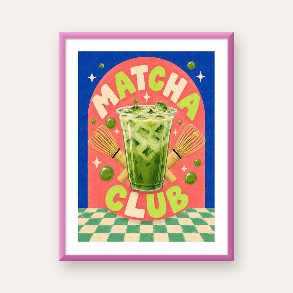 Retro Matcha Club Poster – Renkli İllüstrasyon Sanat Baskısı — pembe çerçeveli paspartulu
