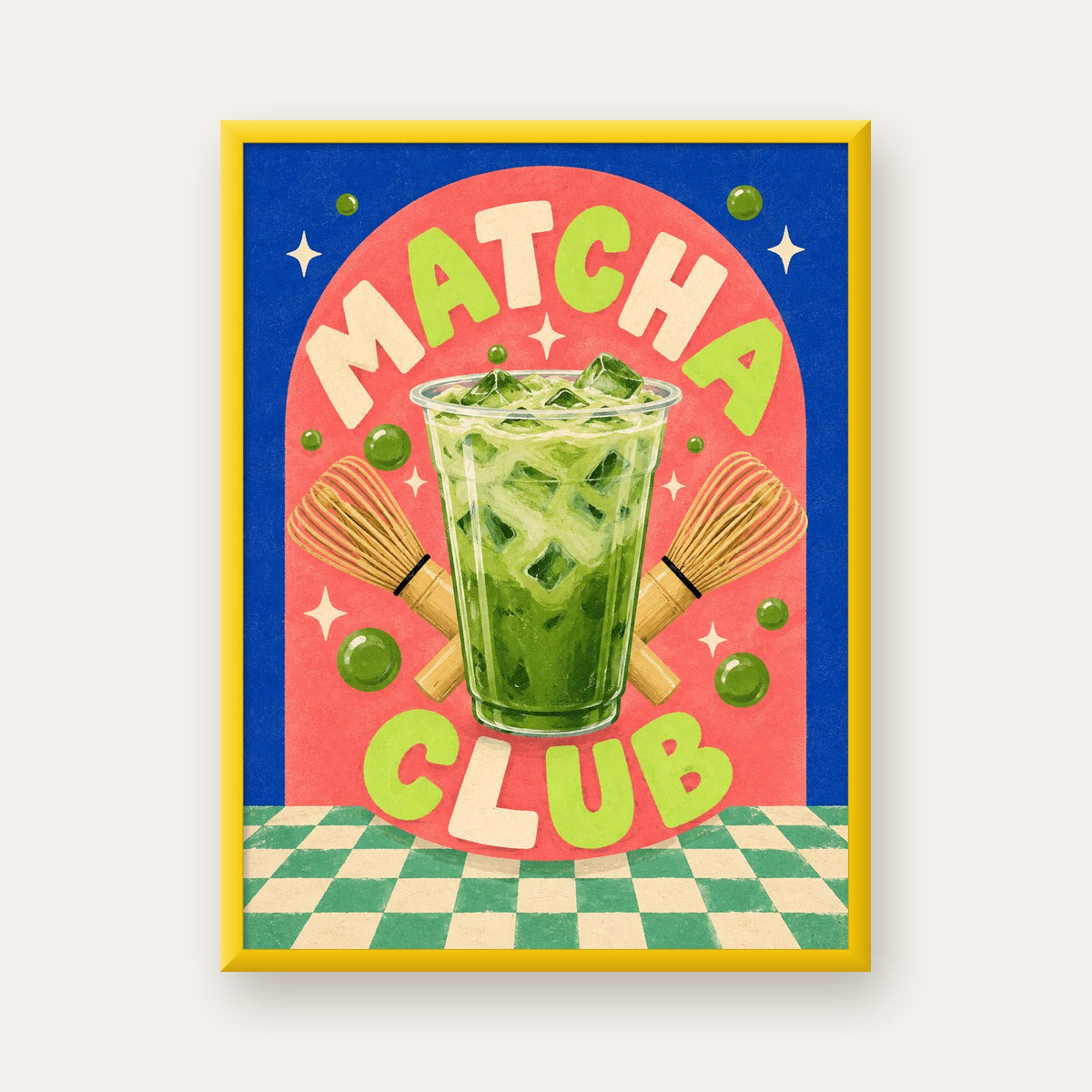 Retro Matcha Club Poster – Renkli İllüstrasyon Sanat Baskısı — sarı çerçeveli