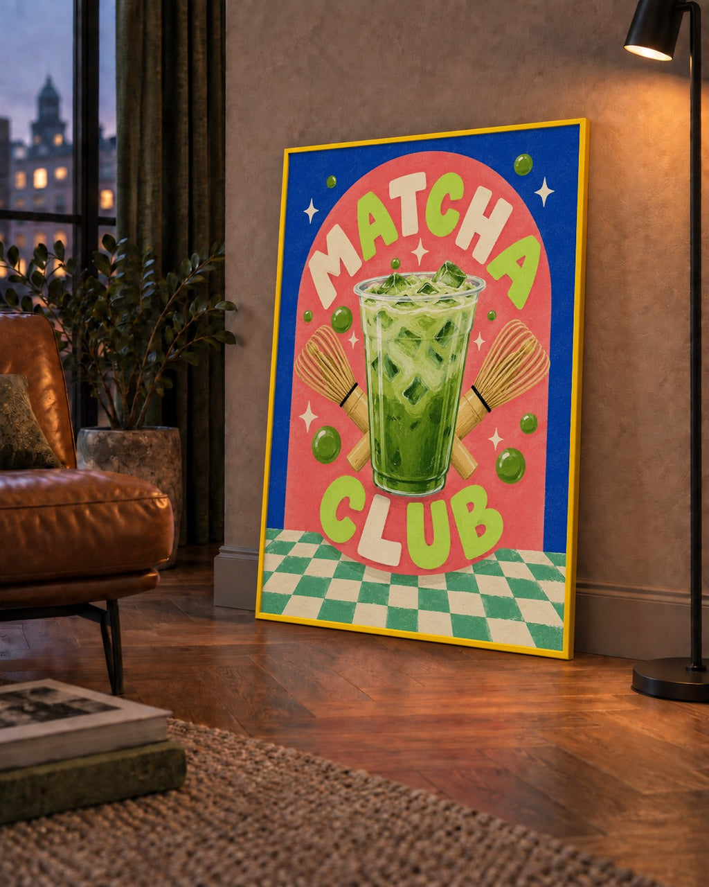 Retro Matcha Club Poster – Renkli İllüstrasyon Sanat Baskısı — çerçeveli hâliyle bir ev duvarında