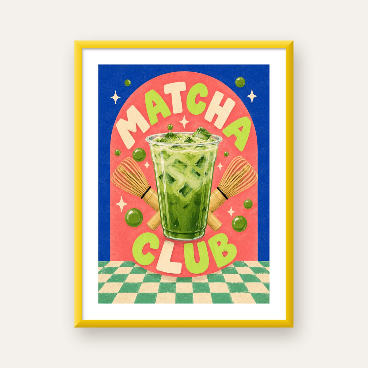 Retro Matcha Club Poster – Renkli İllüstrasyon Sanat Baskısı — sarı çerçeveli paspartulu