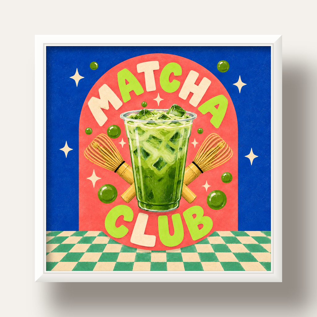 Retro Matcha Club Poster – Renkli İllüstrasyon Sanat Baskısı — beyaz derin çerçeveli