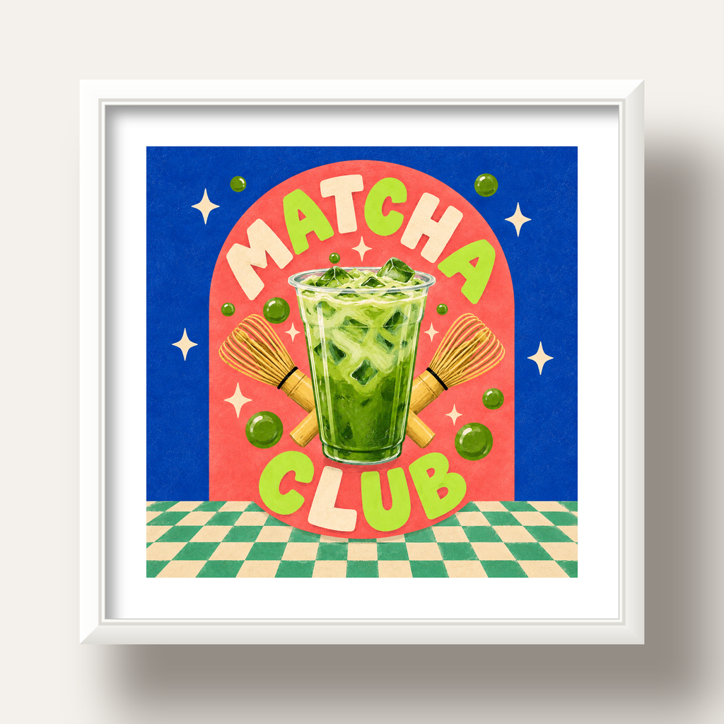 Retro Matcha Club Poster – Renkli İllüstrasyon Sanat Baskısı — beyaz derin çerçeveli paspartulu