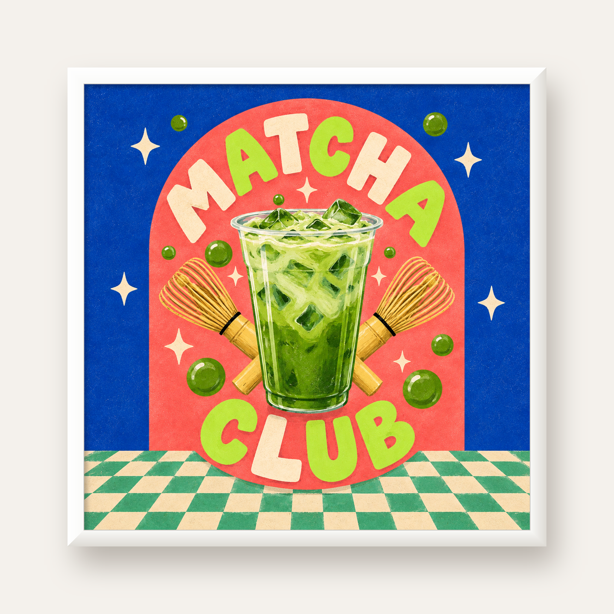 Retro Matcha Club Poster – Renkli İllüstrasyon Sanat Baskısı — beyaz çerçeveli kare poster