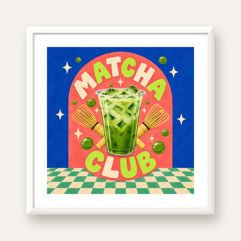 Retro Matcha Club Poster – Renkli İllüstrasyon Sanat Baskısı — beyaz çerçeveli kare poster