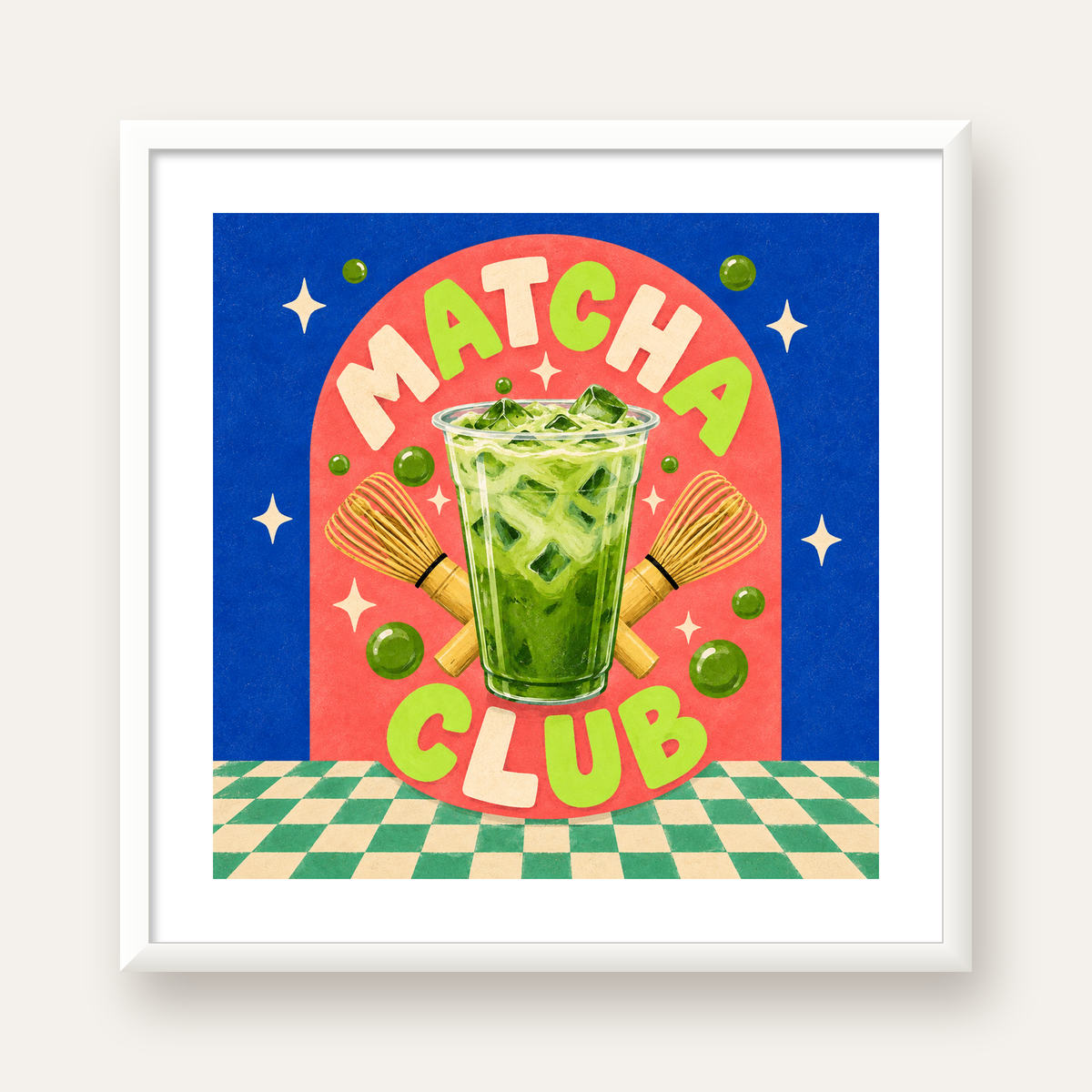 Retro Matcha Club Poster – Renkli İllüstrasyon Sanat Baskısı — beyaz çerçeveli kare poster