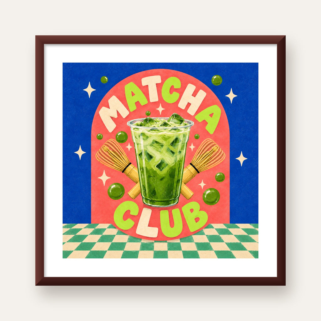 Retro Matcha Club Poster – Renkli İllüstrasyon Sanat Baskısı — ceviz çerçeveli paspartulu