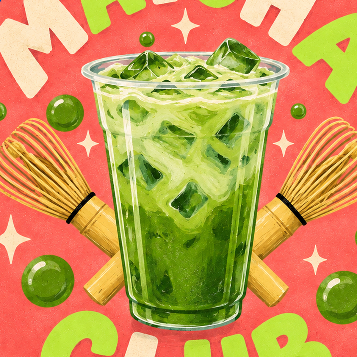 Retro Matcha Club Poster – Renkli İllüstrasyon Sanat Baskısı — baskının yakın çekimi, kâğıt dokusu ve renk detayı