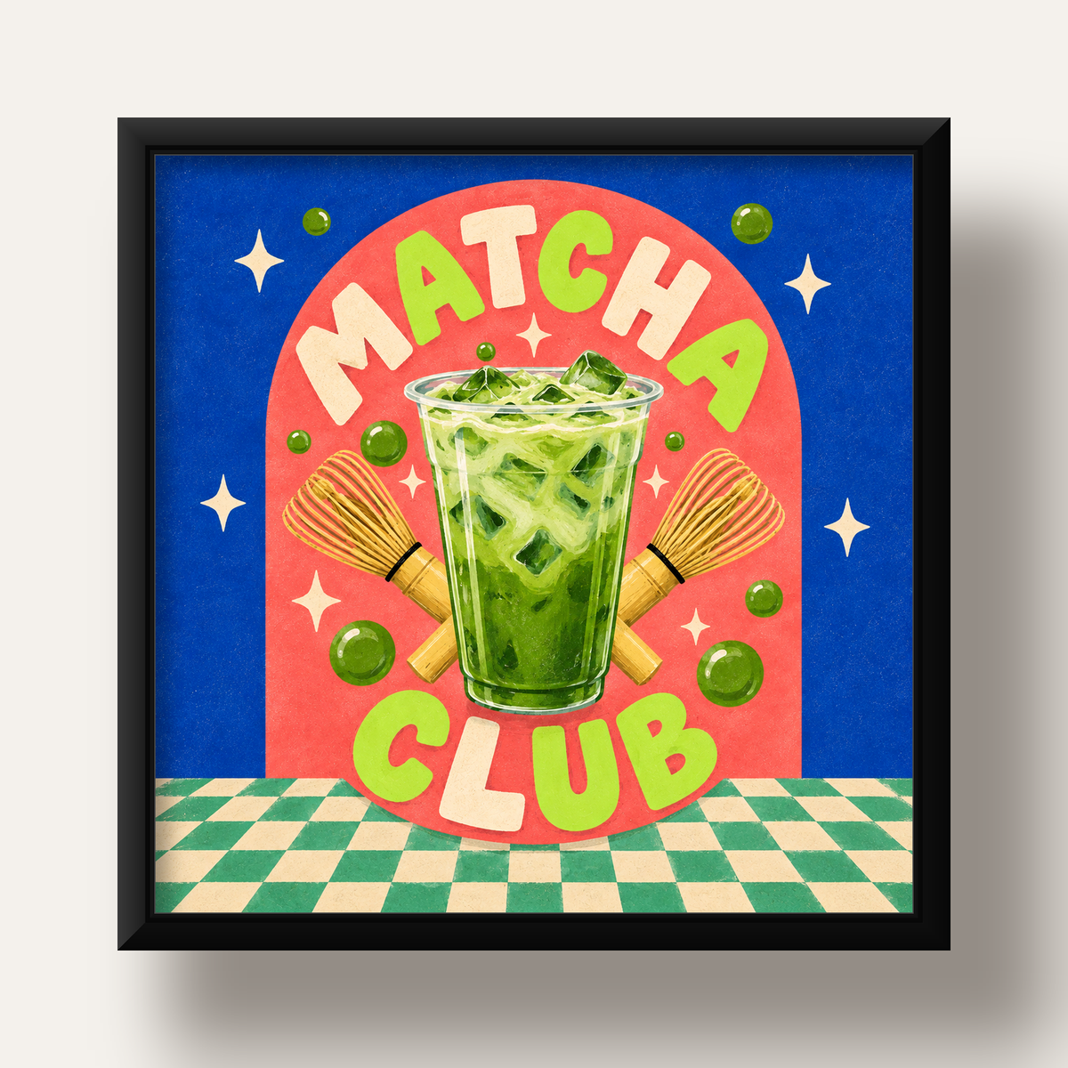 Retro Matcha Club Poster – Renkli İllüstrasyon Sanat Baskısı — siyah derin çerçeveli