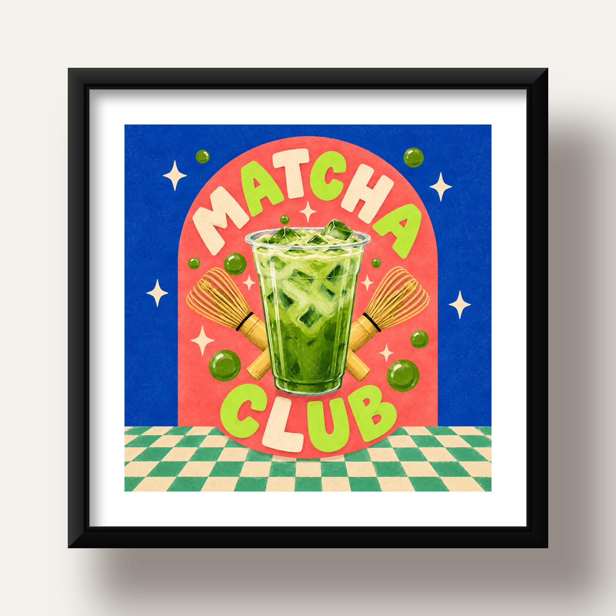 Retro Matcha Club Poster – Renkli İllüstrasyon Sanat Baskısı — siyah derin çerçeveli paspartulu